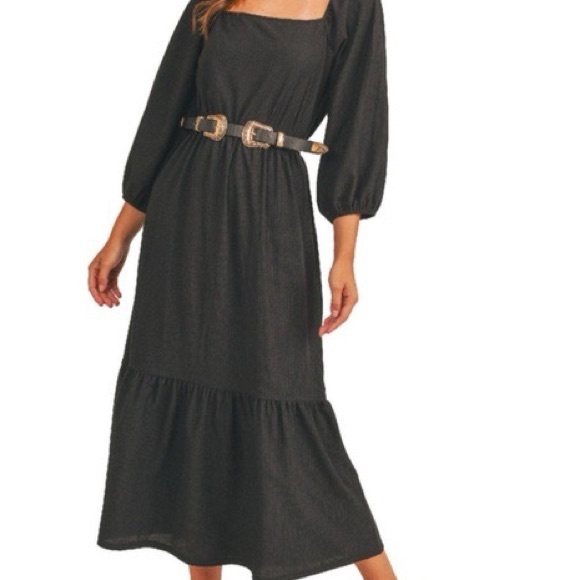 Lush Dresses & Skirts - Solid Black Boho Square Neck Long Sleeve Flounce Maxi Dress